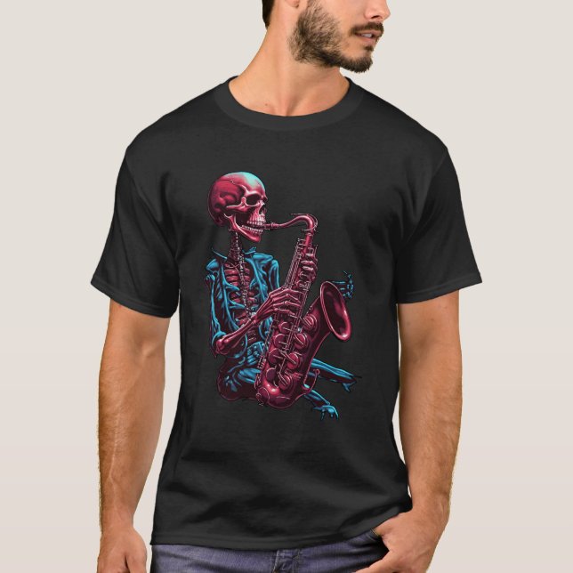 Camiseta Skeleton tocando Esqueleto Musical Saxofone (Frente)