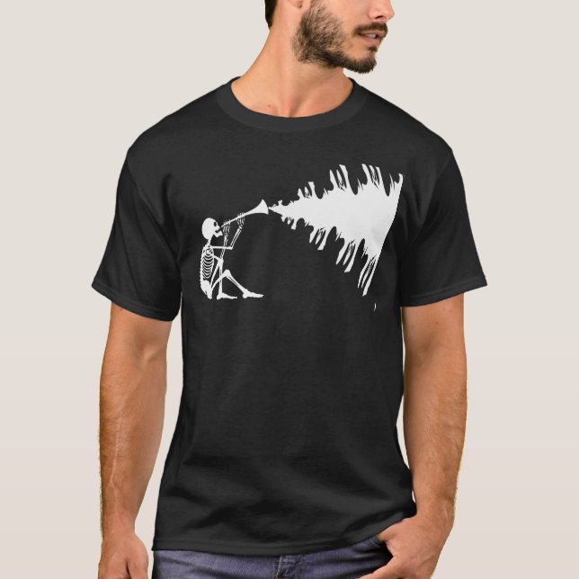 Camiseta Skeleton tocando música de Fazer Horn (Frente)