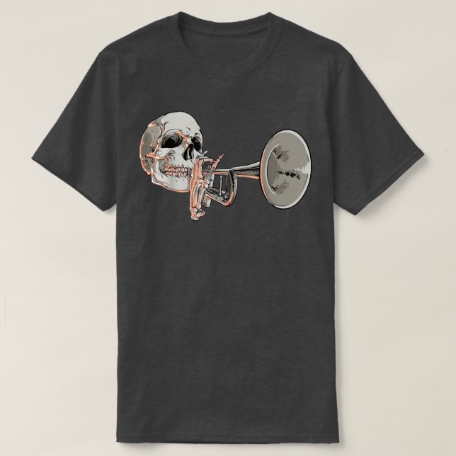 Camiseta Skeleton tocando trompete Música Engraçada Musici (Frente do Design)