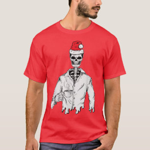 Camiseta Skeleton Veste Natal Bebendo do Papai Noel Café Na