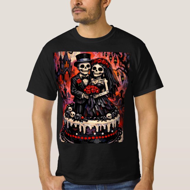 Camiseta Skeleton Wedding, gothic Lovers Embrace  (Frente)