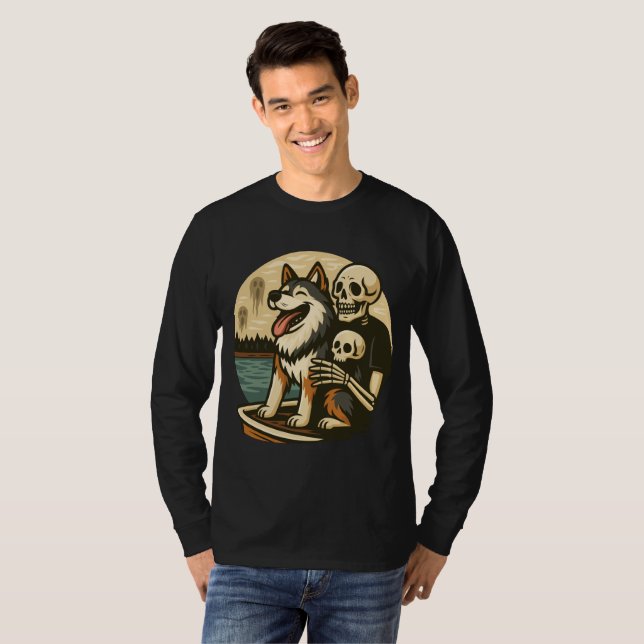Camiseta Skeleton with Dog on Haunted Lake Horror Art (Frente Completa)