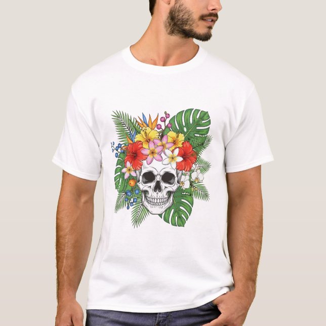 Camiseta Skeleton with Leaves and Flowers T-Shirt – Gothic  (Frente)