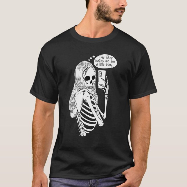 Camiseta Skeleton Woman with Cell Phone Taking Selfie Skull (Frente)