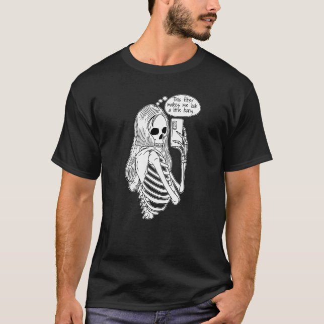 Camiseta Skeleton Woman with Cell Phone Taking Selfie Skull (Frente)