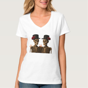 Camiseta Skeletons Elegantes com Rosas - Dia das Bruxas Gót