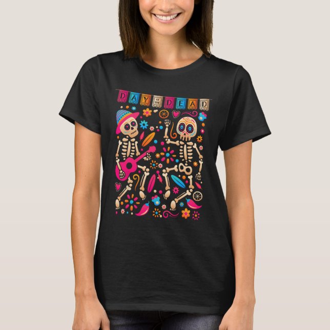 Camiseta Skeletons Mexicanos Dançantes Coloridos - Dia Boni (Frente)
