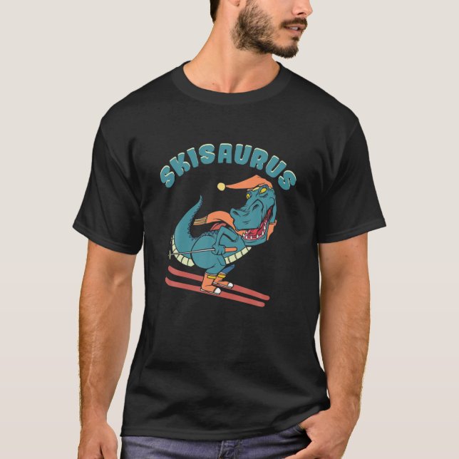 Camiseta Ski Saurus Dinossaur Skiur Rex Com Chapéu E Scarf (Frente)