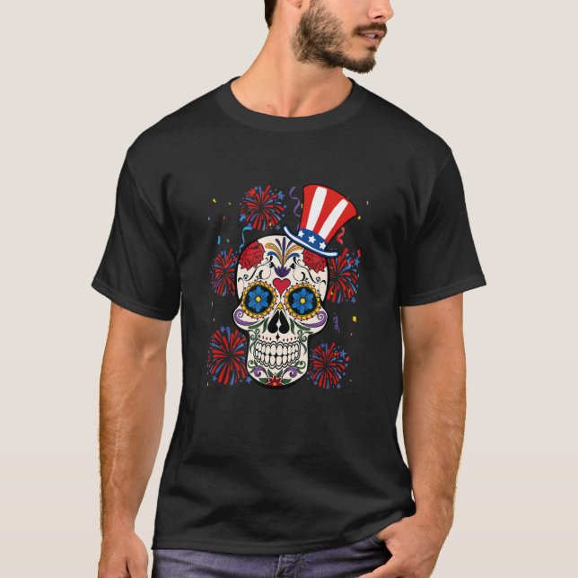 Camiseta Skull American Flag 4 De Julho (Frente)