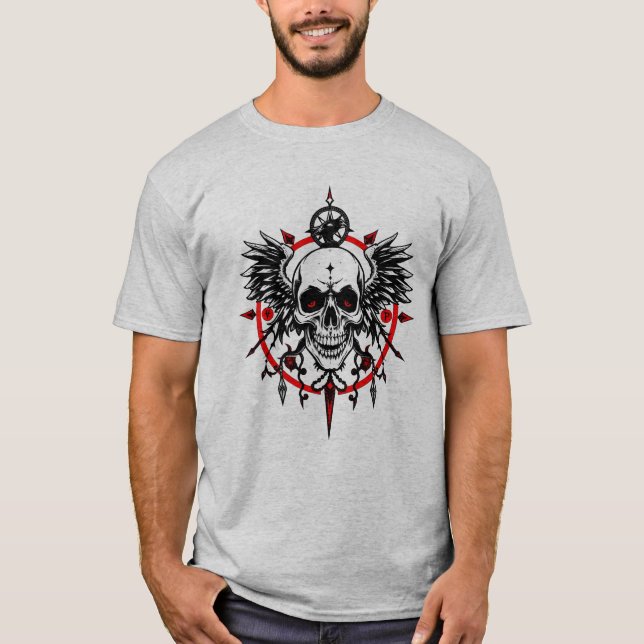 Camiseta Skull Compass T-Shirt – Gothic Wings & Red Eye Hor (Frente)
