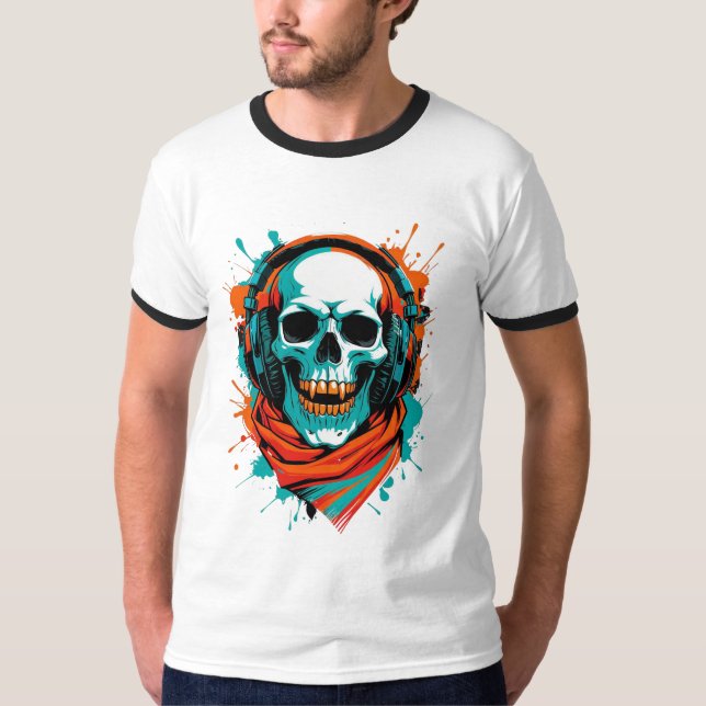 Camiseta Skull DJ Fones de ouvido - Street Art Vibe Music T (Frente)