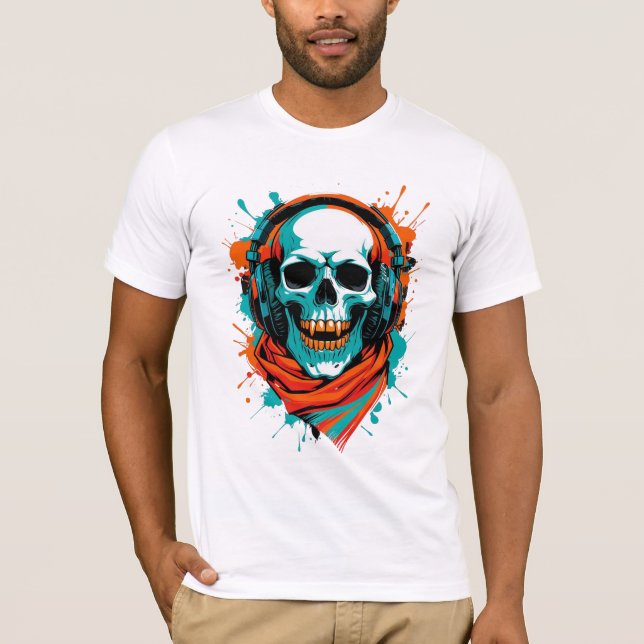 Camiseta Skull DJ Fones de ouvido - Street Art Vibe Music T (Frente)