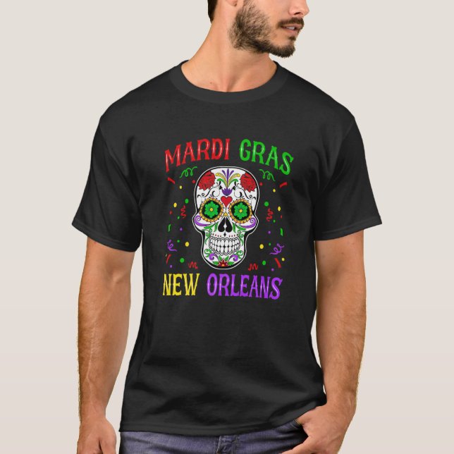 Camiseta Skull Funny Mardi Gras Carnival Party New Orleans  (Frente)