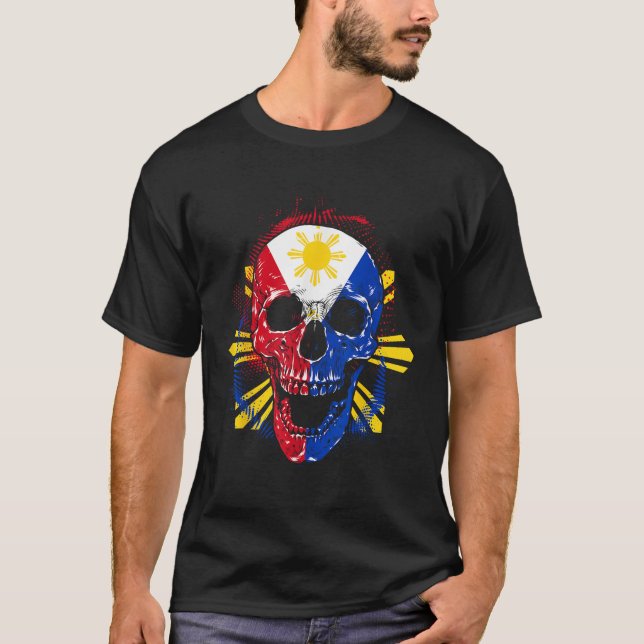 Camiseta Skull Halloween Flag Bones Filipino Pinoy Philippi (Frente)