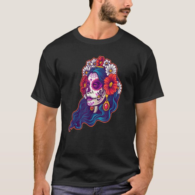 Camiseta Skull Red Flowers Dia Do Morto Mexicano Do Dia De  (Frente)