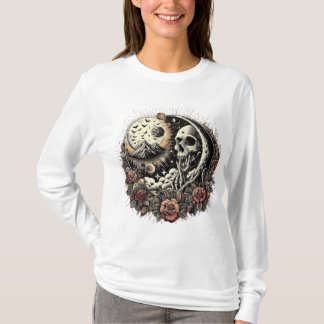 Camiseta Skull Shirt, Crescent Moon, Roses, Mountains, Star
