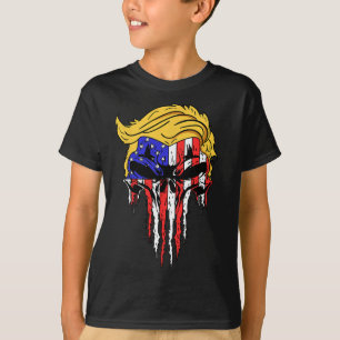 Camiseta Skull Usa Flag Hair Presidente Engraçado Presente