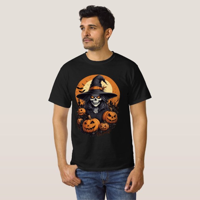 Camiseta Skull Witch with Pumpkins Halloween Art (Frente Completa)