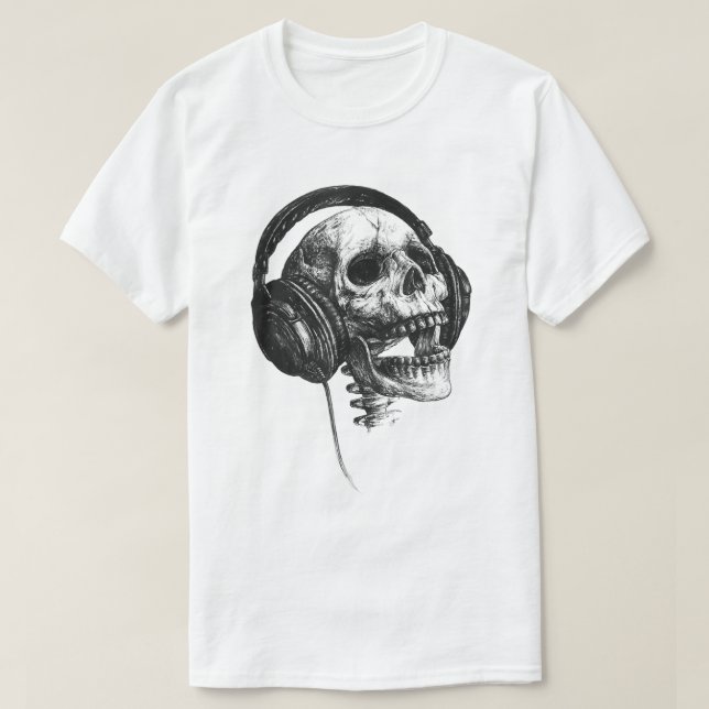 Camiseta Skull With Headphones Rock Music Art Shirt (Frente do Design)
