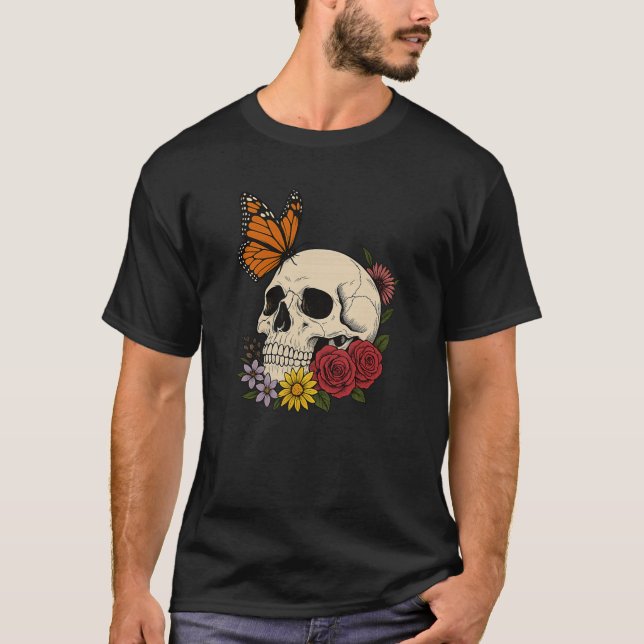 Camiseta Skulls Monarch Butterfly Flowers Halloween Men Wom (Frente)