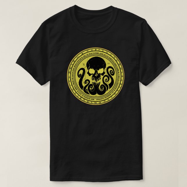Camiseta Skullthulhu Amarelo Feliz (Frente do Design)