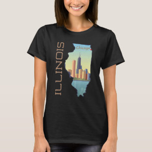 Camiseta Skyline Da Cidade De Chicago No Mapa Do Estado De