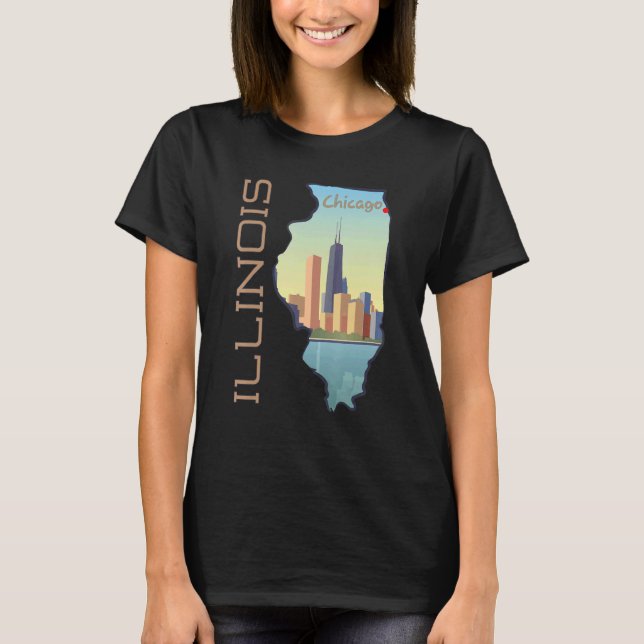 Camiseta Skyline Da Cidade De Chicago No Mapa Do Estado De  (Frente)