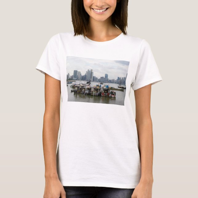 Camiseta Skyline da Cidade do Panamá com barcos de pesca (Frente)