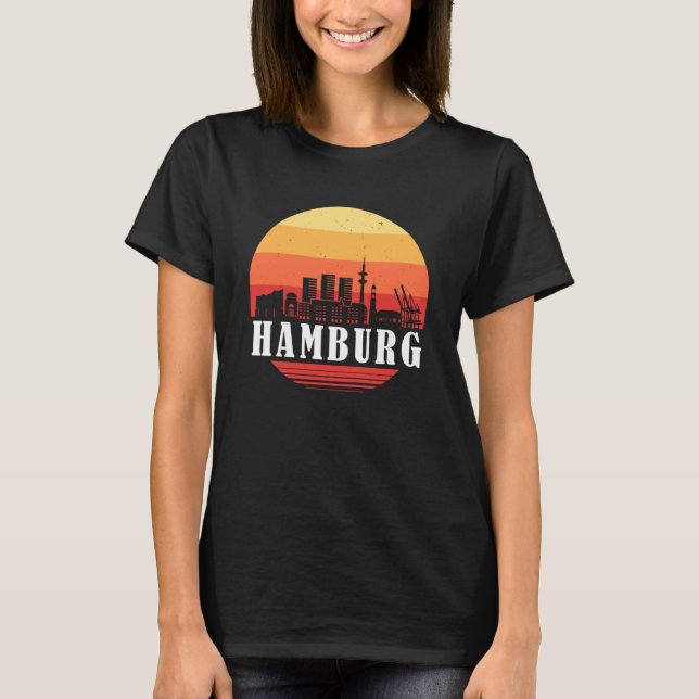 Camiseta Skyline Sunset de Hamburgo em Estilo de Imagem Ret (Frente)