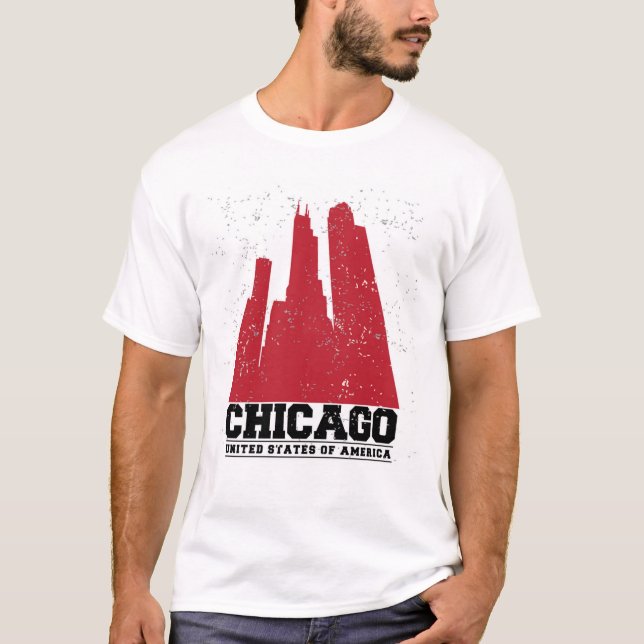 Camiseta Skyline vermelha da cidade de Chicago, Illinois | (Frente)