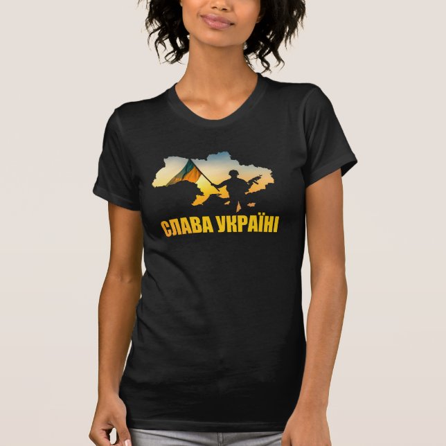 Camiseta Slava Ucraniano, Glória a Ukrain com mapa da Ucrân (Frente)