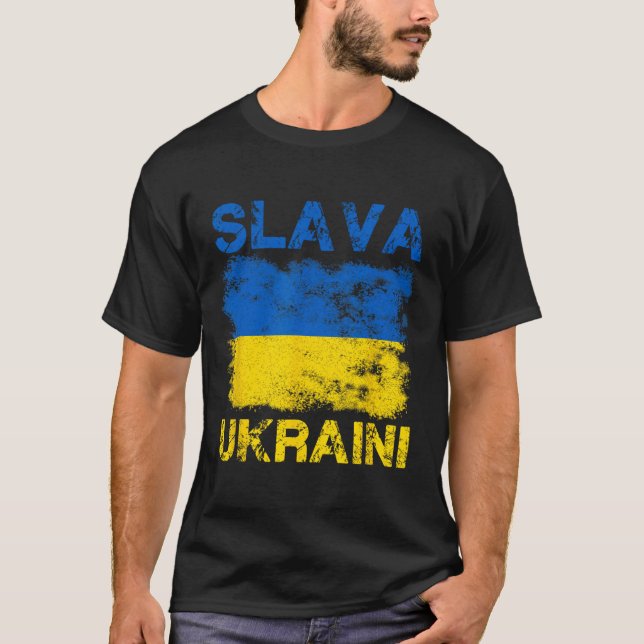 Camiseta Slava Ukraini Cores da Bandeira da Ucrânia Distres (Frente)