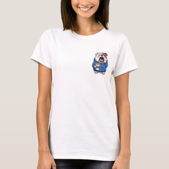 Camiseta Sleepy Bulldog Yawning with Woof Coffee Cup in Blu (Frente)