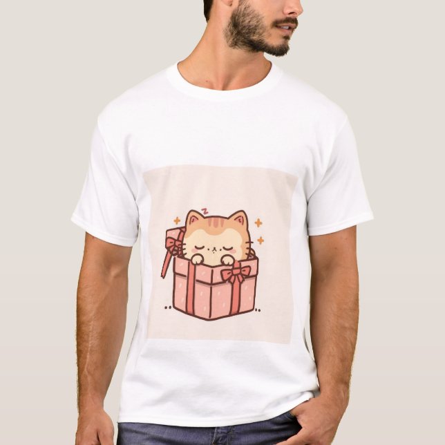 Camiseta Sleepy Kawaii Ginger Cat in Pink Gift Box ✨💤 (Frente)