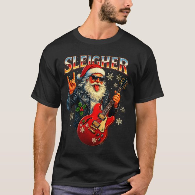 Camiseta Sleigher Rock Santa Funny Metal Christmas Design  (Frente)