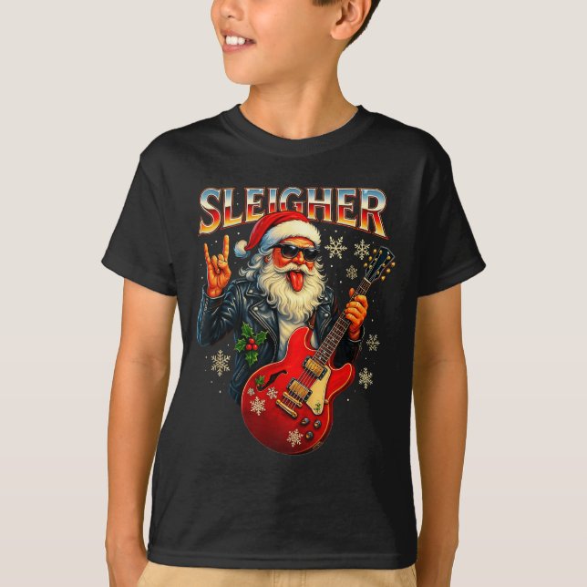 Camiseta Sleigher Rock Santa Funny Metal Christmas Design  (Frente)