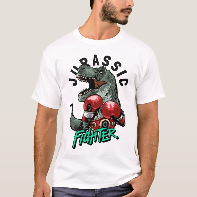 Camiseta Slogan de lutador jurássico com dinossauro no boxe (Frente)