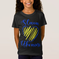 Slogan Slava Ucraniano Glória à Ucrânia coração T-