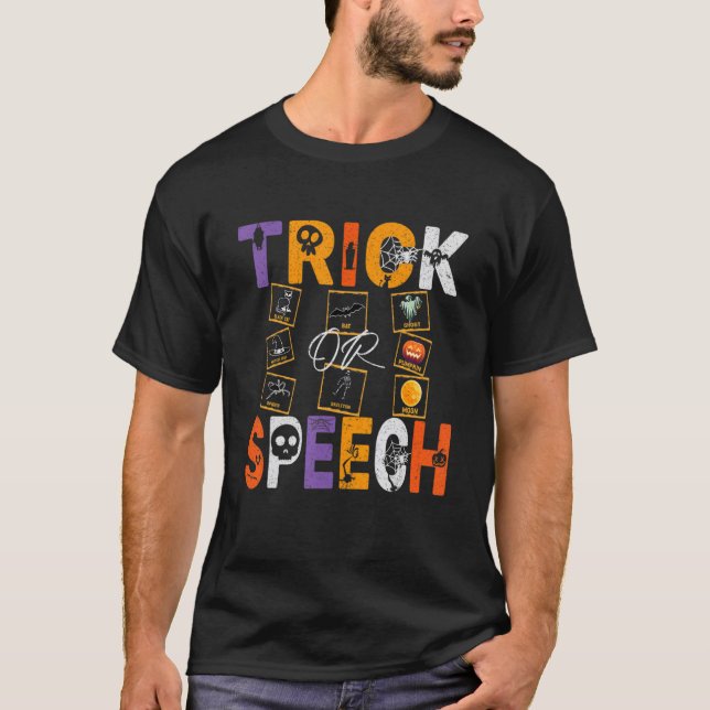 Camiseta SLP Citação de Discurso ou Terapia de Fala Hallowe (Frente)