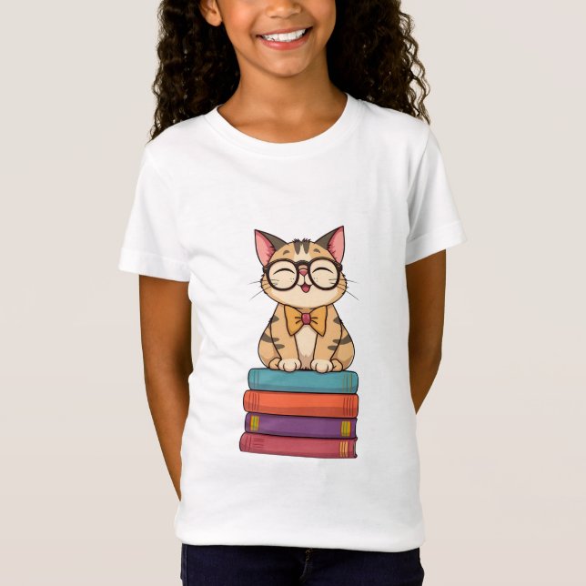 Camiseta  Smart Kitty on Books T-Shirt for Kids (Frente)