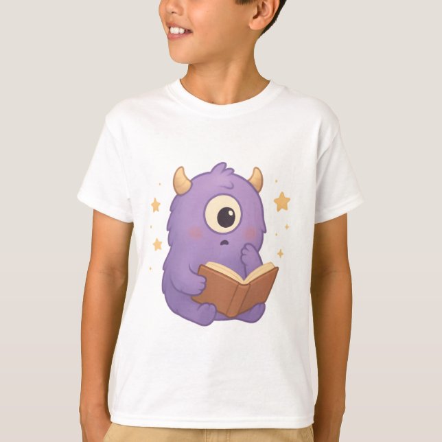 Camiseta Smart Reading Monster — Purple Book Lover Kids Tee (Frente)