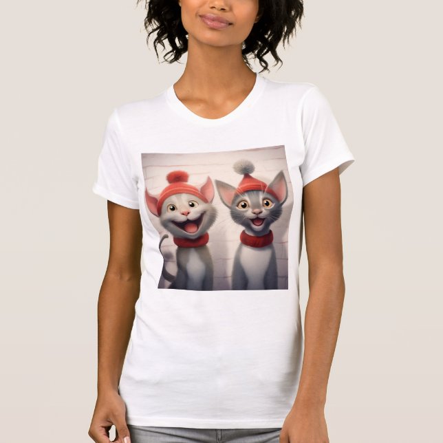 Camiseta Smiling Cartoon Cats With Red Hats And Collars (Frente)