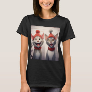 Camiseta Smiling Cartoon Cats With Red Hats And Collars