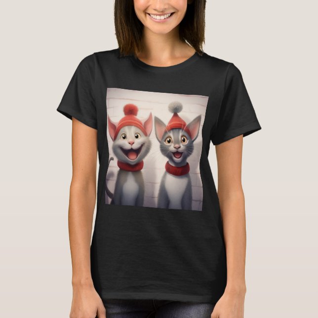Camiseta Smiling Cartoon Cats With Red Hats And Collars (Frente)