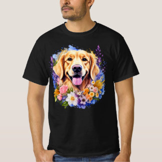 Camiseta Smiling Golden Retriever Lavender Bouquet