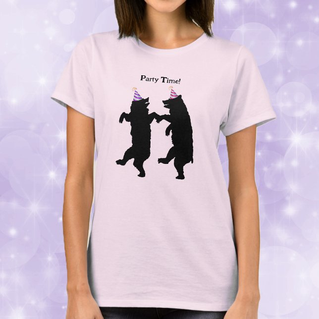 Camiseta Smiling Party Time black Bears Dancing Striped Hat (Two dancing black bears in striped party hats on womans tee shirt.)