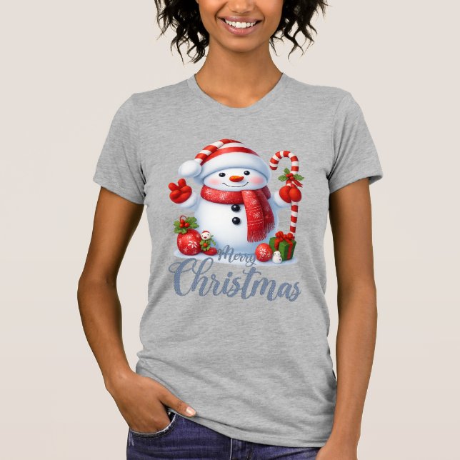 Camiseta Smiling Snowman With Candy Cane Christmas Tee (Frente)