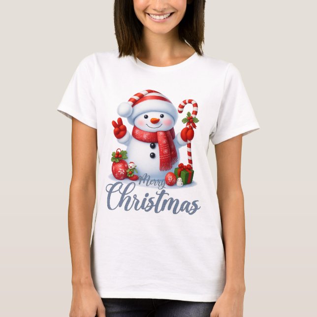 Camiseta Smiling Snowman With Candy Cane Christmas Tee (Frente)