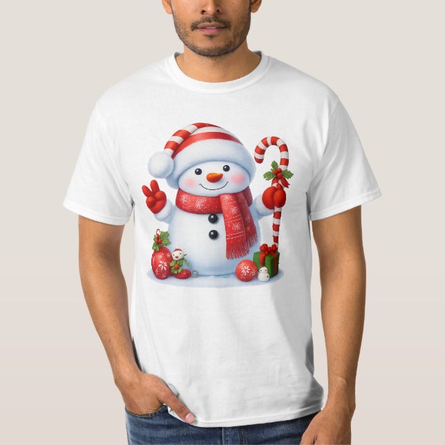 Camiseta Smiling Snowman With Candy Cane Christmas Tee (Frente)
