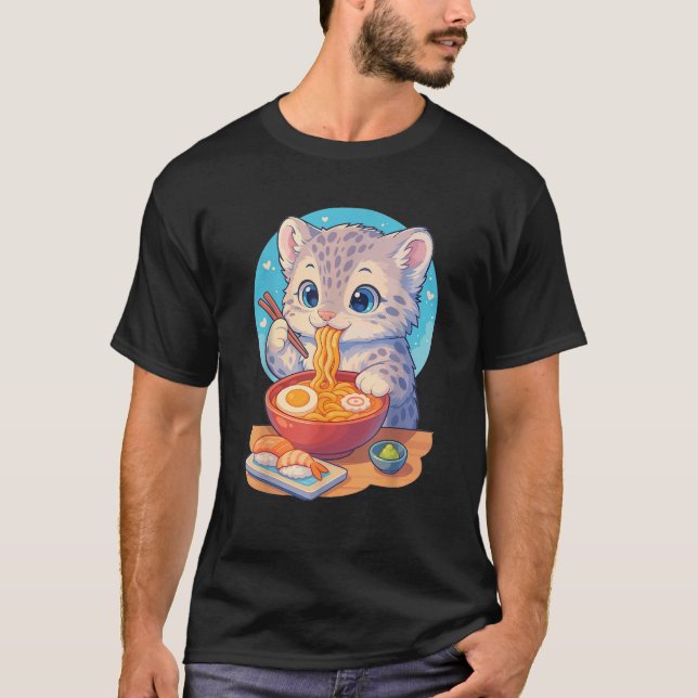 Camiseta Snow Leopard Eats Ramen Noodles Japanese Vintage  (Frente)